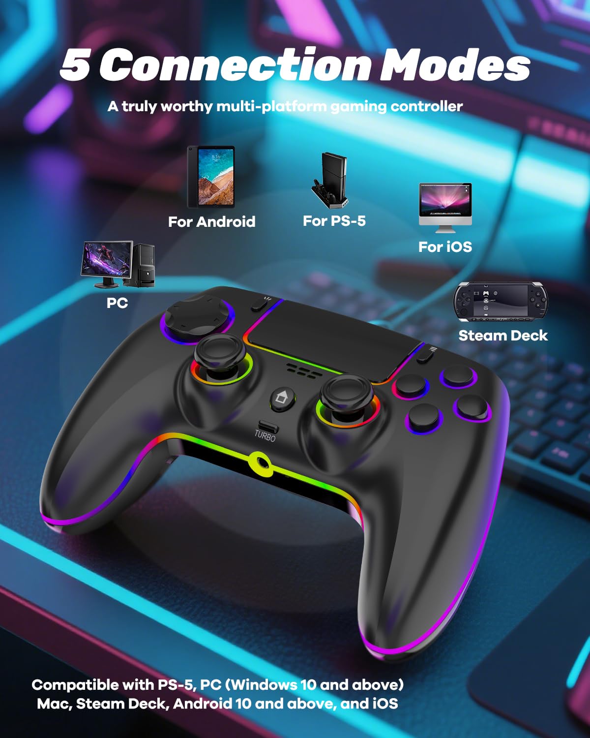 MYSTILUCK Wireless Controller For PS-5/Pro/PC/MAC/iOS/Android/Steam Deck, Gamepad with 7 Color RGB Lighting/Hall Effect Joystick/Dual Vibration/Turbo/Programmable/Headset Jack/Touchpad/1500 mAh Battery