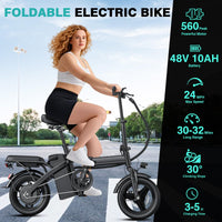 Electric Bike for Adults and Teens, 560W Motor 24MPH Compact Commuter Folding Ebike, 32 Miles Range, 48V 10Ah Battery, 3-Level Pedal Assist, 14" Foldable Mini Electric Bicycle, UL 2849 Certified