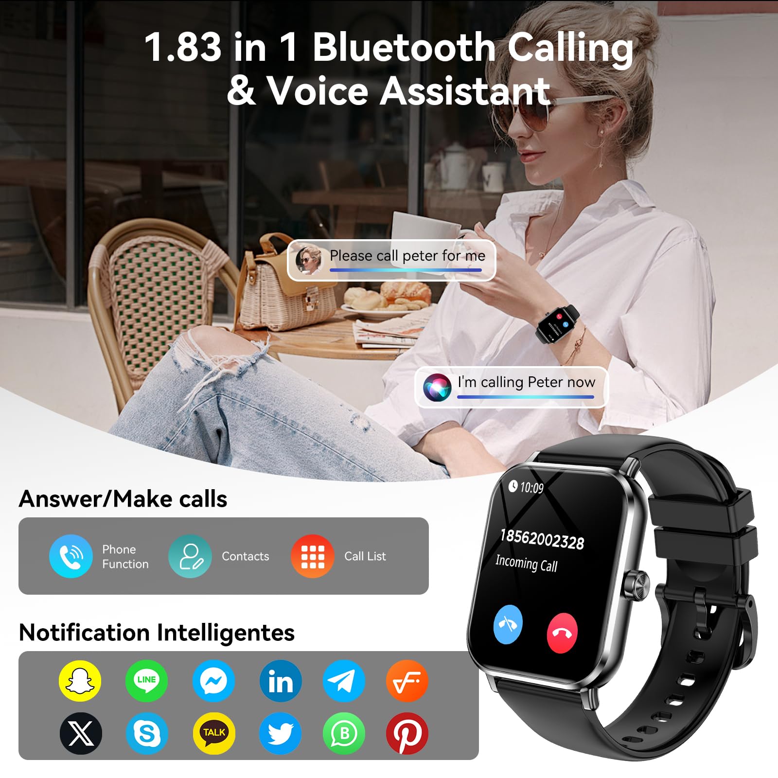 Jacoosa Smart Watch for Men Women, 1.83" HD Touchsreen, Bluetooth Calling, 5 ATM Water-Resistance, 130+ Sports Modes, Health, Fitness & Sleep Tracker, Timer, Fitness Watch for Android/iOS, Black