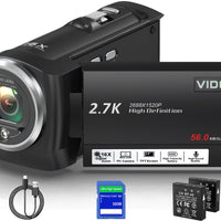 Muitune Camcorder Video Camera QHD 2.7K 56MP 16X Digital Zoom Vlogging Camera with LED Fill Light for YouTube, 2.8 Inch 270 Degree Rotation LCD Screen Camcorder with 32GB SD Card and Two Batteries