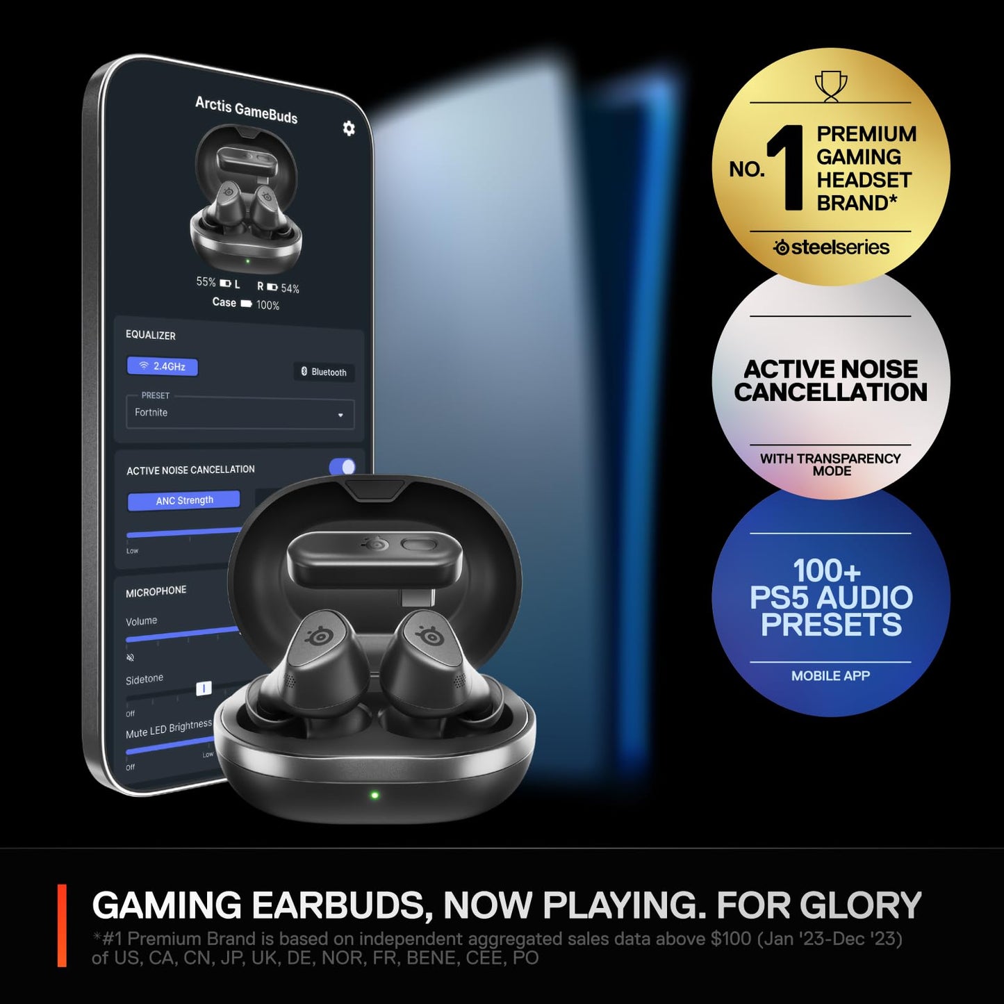 Arctis GameBuds for PlayStation/PC/Switch/Mobile — 2.4GHz + Bluetooth 5.3 Earbuds — Active Noise Cancelling — Mobile App Sound Presets — Water Resistant IP55 — 40H Battery with Qi Charging Case