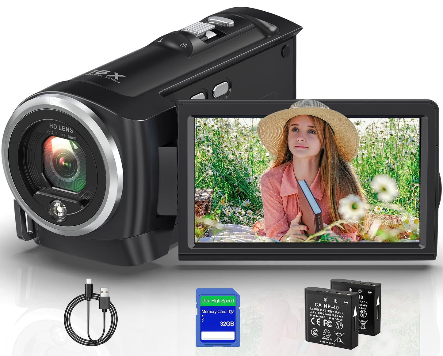 Tixeuo 2.7K Video Camera Camcorder QHD 50MP YouTube Vlogging Camera 16X Digital Zoom Webcam 270 Degree Rotation Screen Camcorders with 32G SD Card and 2 Batteries Recording While Charging