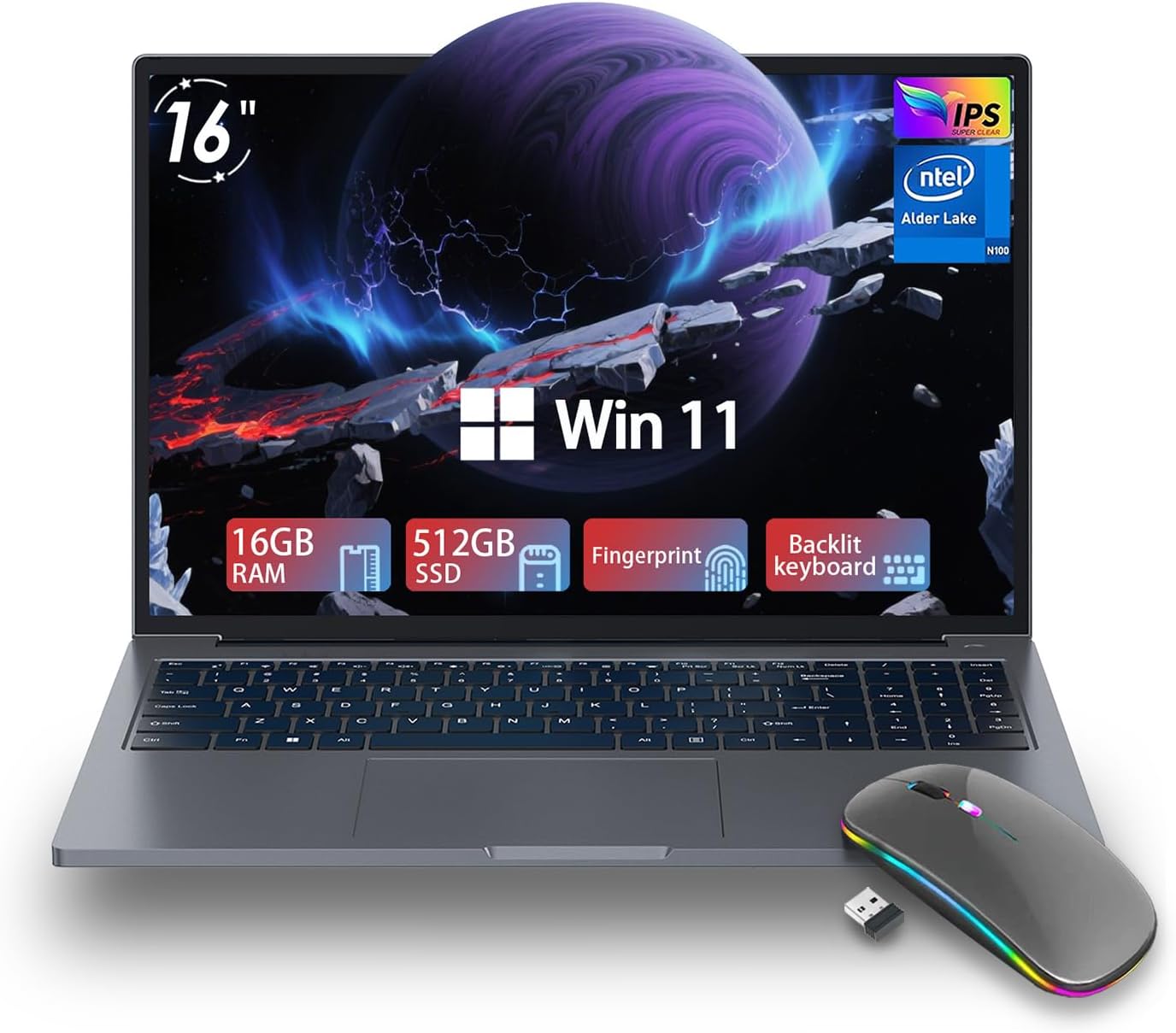 ZOLWAYTAC 16" Inch Laptops, Win 11Computer Laptop Gaming,16GB RAM 512GB SSD,N100 CPU(Up to 3.4GHz,12th),with WiFi/BT,Backlit Keyboard,5000mAh,Support Type C Charging,for Gaming,Business,Silver Gray