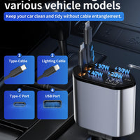 Retractable Car Charger, 4 in 1 Fast Charging Car Charger USB-C & USB-A Compatible with iPhone 16/15/14/13/12/11,Galaxy,Pixel