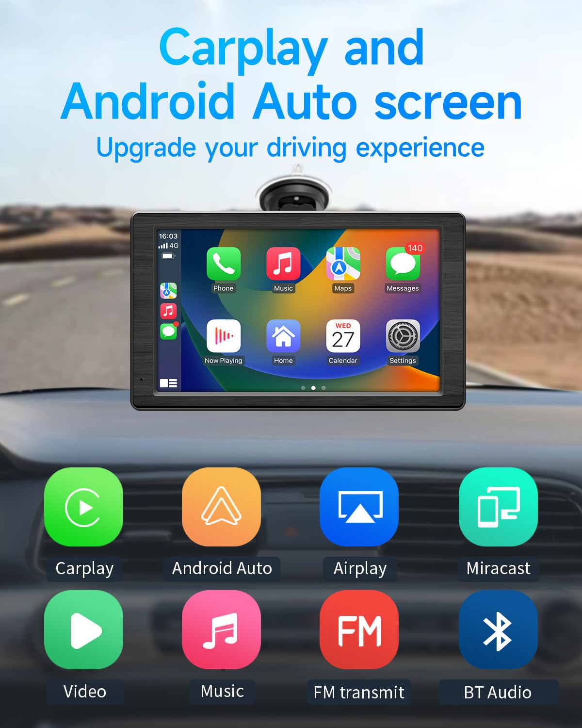Portable Apple Carplay Screen for Car, 7" HD Car Stereo Touchscreen with Wireless CarPlay & Android Auto, Mirror Link, Bluetooth, Voice Control, Memory Card Playback, AUX - Fits All Vehicles