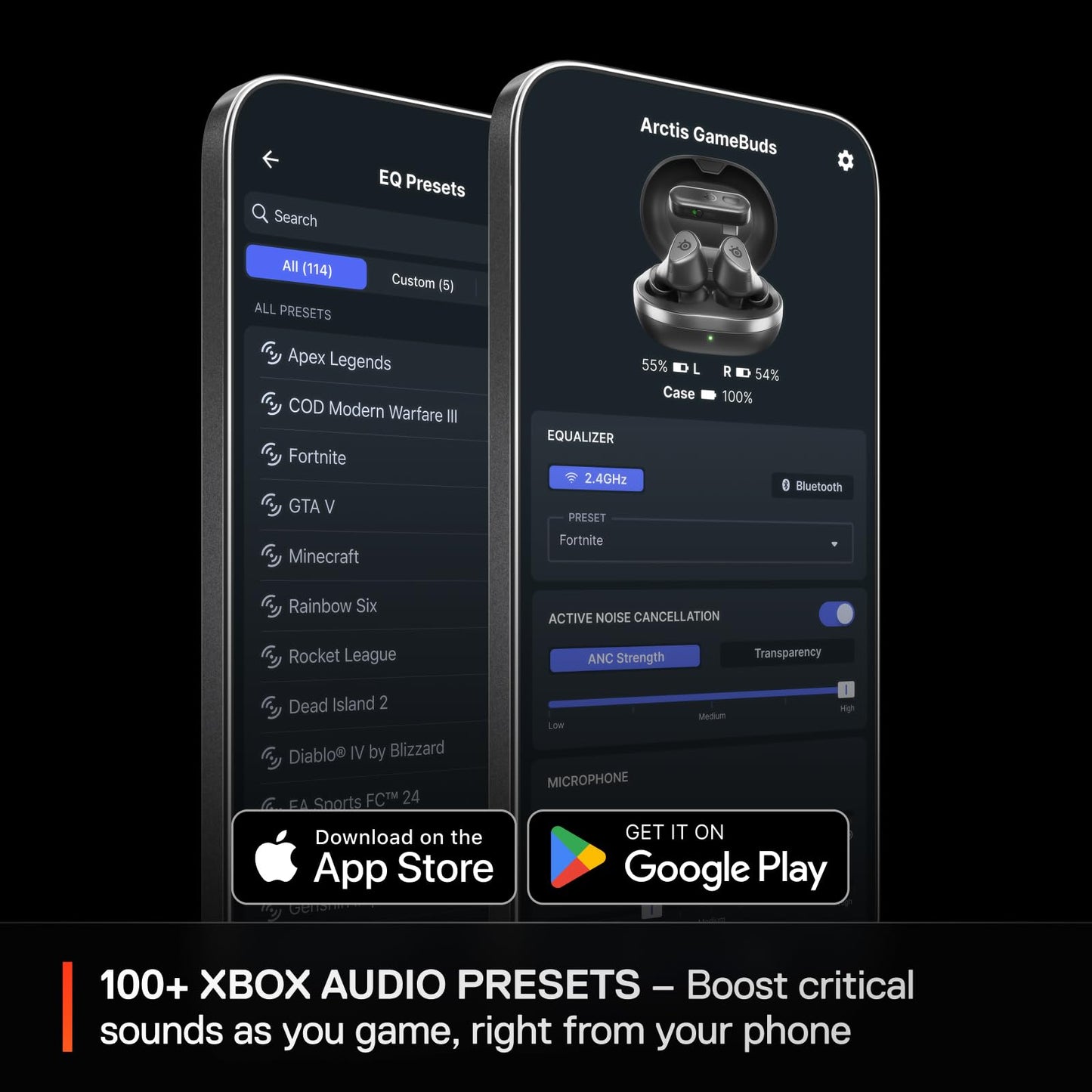 SteelSeries Arctis GameBuds for Xbox/PC/PS5/Switch/Mobile — Quick-Switch 2.4GHz+Bluetooth 5.3 — Active Noise Cancelling — Mobile App — Water Resistant IP55 — 40H Battery with Qi Charging Case - Black