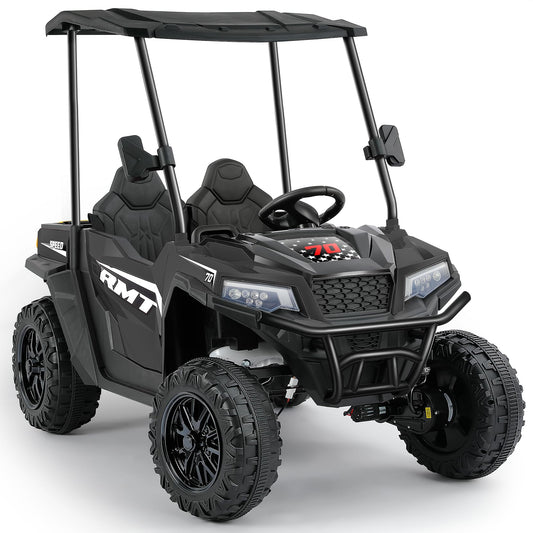 ELEMARA 24V Side by Side Electric Off-Road Truck, 4.5MPH, 2 Seater Ride on Toy for Big Kids w/Sun Shade, Electric Vehicles for Kids, 2 Shock Absorbers, 3 Speeds, LED Lights,Bluetooth Music, Black