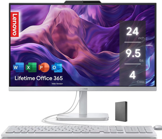 Lenovo IdeaCentre Everyday Tasks 24" Full HD All-in-One Desktop Computer • Office 365 for The Web • Intel 4-Cores • 512GB Storage (256GB External and 256GB SSD) • 8GB RAM • KB and Mouse • Windows 11