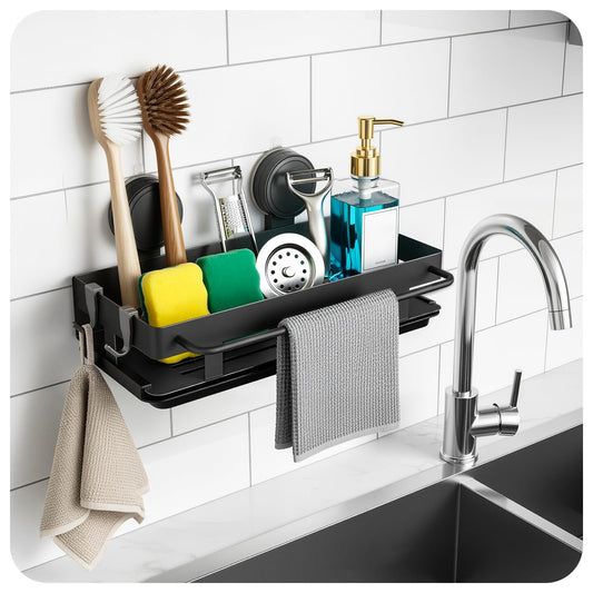 BZLMDXW Black Sponge Holder for Kitchen Sink, Sink Caddy Organizer with High Brush Holder 304 Rustproof Stainless, Kitchen Countertop Soap Dispenser Organizer, Kitchen Decor and Accessories