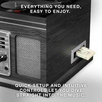 Victrola The Quincy 6-in-1 Bluetooth Record Player & Multimedia Center with Built-in Speakers – 3-Speed Turntable, CD & Cassette Player, AM/FM Radio, Wireless Music Streaming (Mahogony)