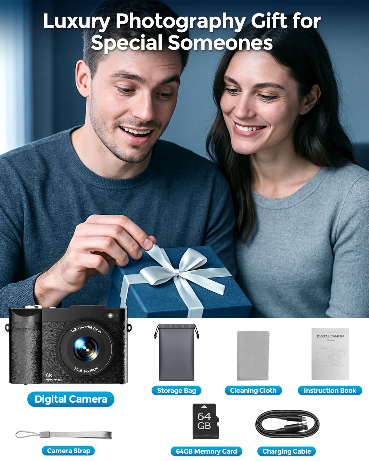 4K Digital Camera for Photography- 50MP Autofocus Vlogging Camera with 2.8" 180° Flip Screen, 16X Digital Zoom- Compact Point and Shoot Camera with 64GB SD for YouTube, Travel, Beginners - Volt-Edge Technologies®