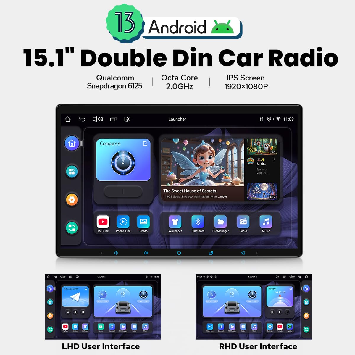 Joying 15.1 Inch Double Din Car Stereo, Car Radio with Apple Carplay & Android Auto, 8GB+128GB Android 13 Head Unit with Mirror Link, AM/FM, Bluetooth, SWC, GPS(JY-UTD15N8)
