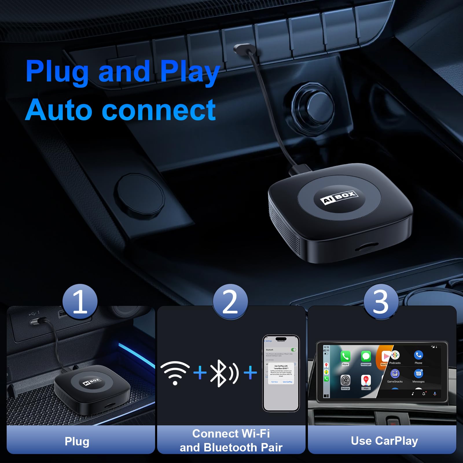 WhyBox Wireless Carplay Adapter with Netflix/YouTube Ai Box for iPhone & Android Auto Supports TF Card Plug & Play Car Play Video Entertainment Box Fits for OEM Wired CarPlay Cars