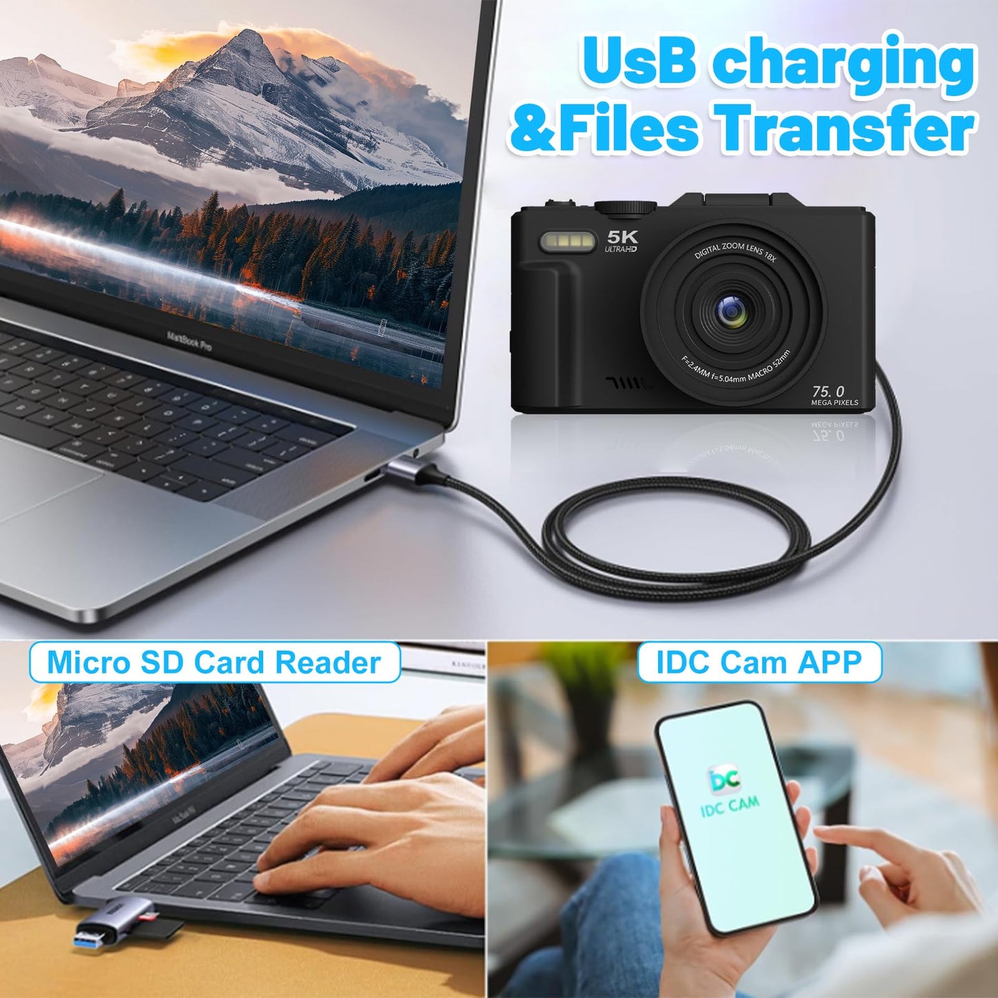 5k Digital Camera,75mp Cameras for Photography with 18x Optical Zoom & Autofocus,3" 180° Flip Screen,WiFi Vlogging Camera for YouTube Video,Photography Cameras for Beginners,With32GB Card & Flas - Volt-Edge Technologies®