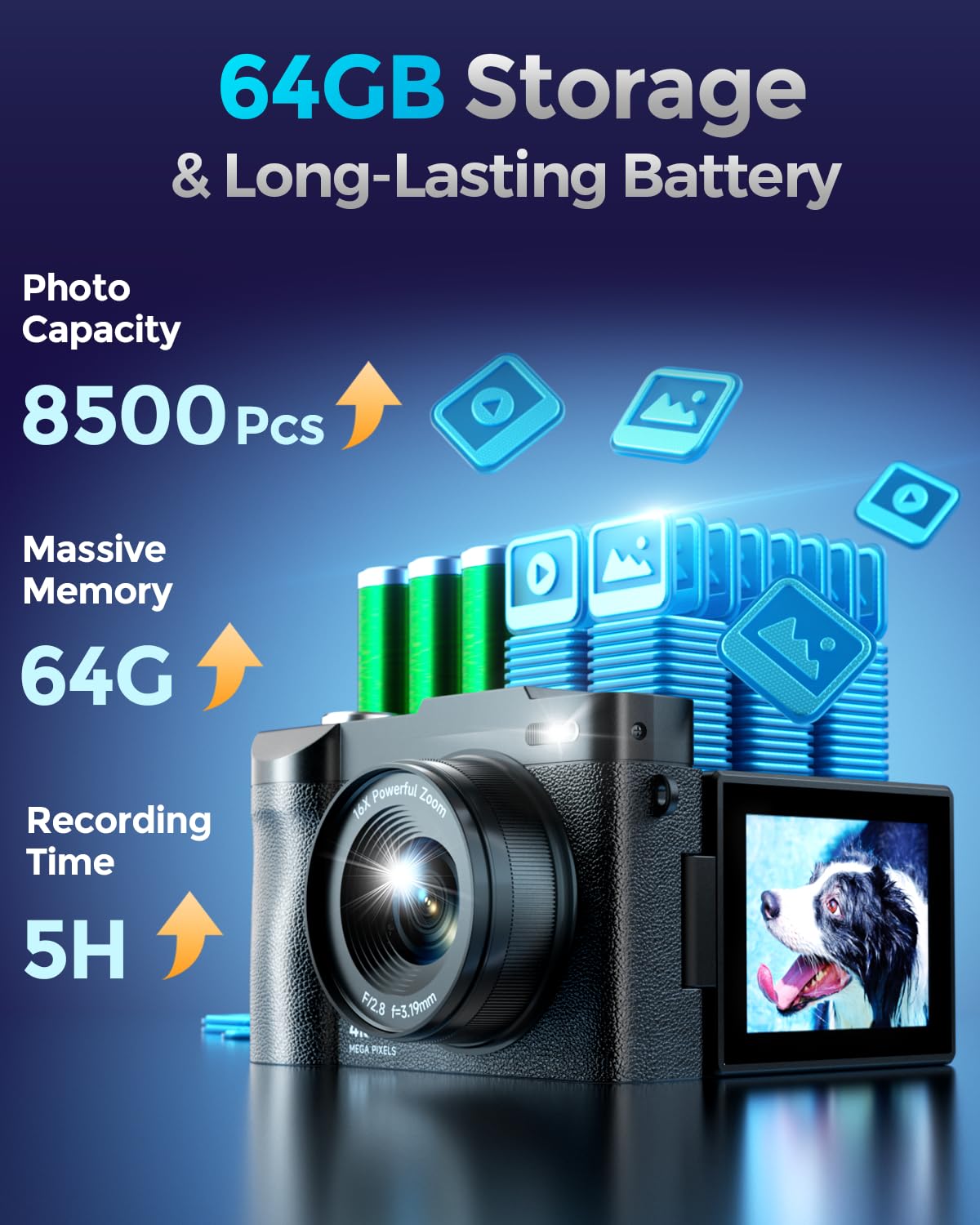 4K Digital Camera for Photography- 50MP Autofocus Vlogging Camera with 2.8" 180° Flip Screen, 16X Digital Zoom- Compact Point and Shoot Camera with 64GB SD for YouTube, Travel, Beginners - Volt-Edge Technologies®