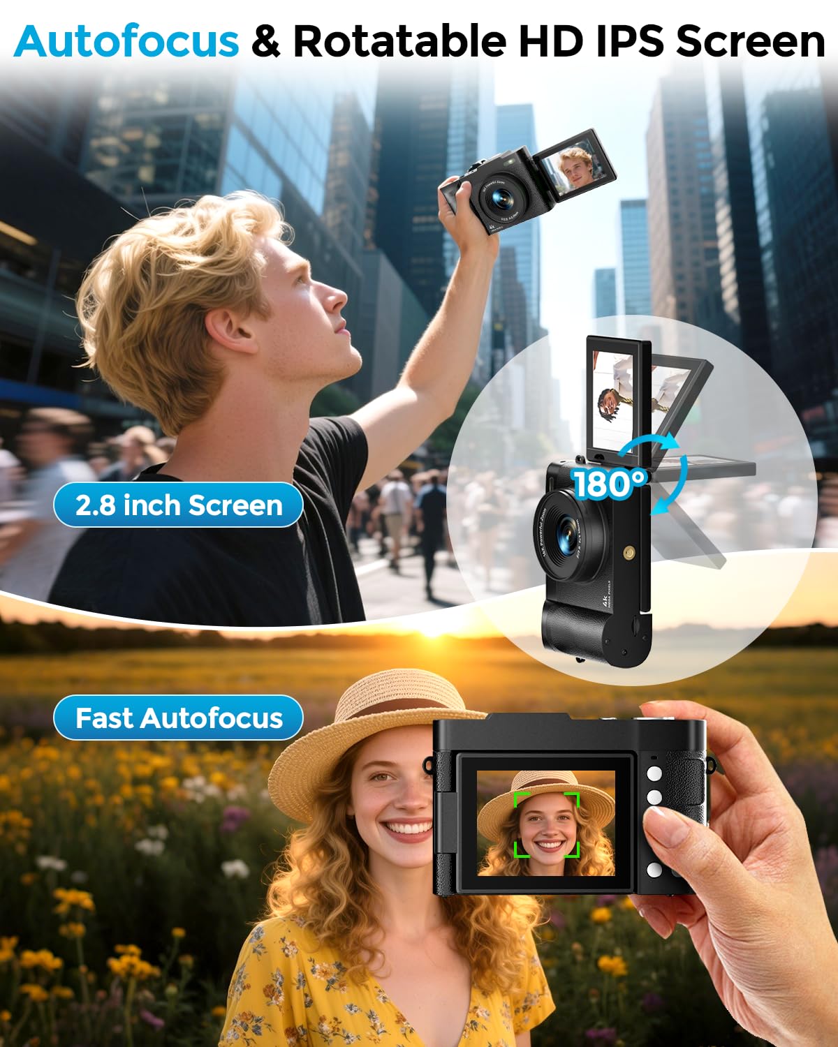 4K Digital Camera for Photography- 50MP Autofocus Vlogging Camera with 2.8" 180° Flip Screen, 16X Digital Zoom- Compact Point and Shoot Camera with 64GB SD for YouTube, Travel, Beginners - Volt-Edge Technologies®