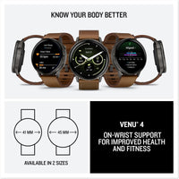 Garmin Venu® 4, 45mm, Advanced Health and Fitness GPS Smartwatch, Bright and Colorful Display, Built-in Flashlight, 12 Days of Battery Life, Slate with Black Silicone Band/Brown Leather Band