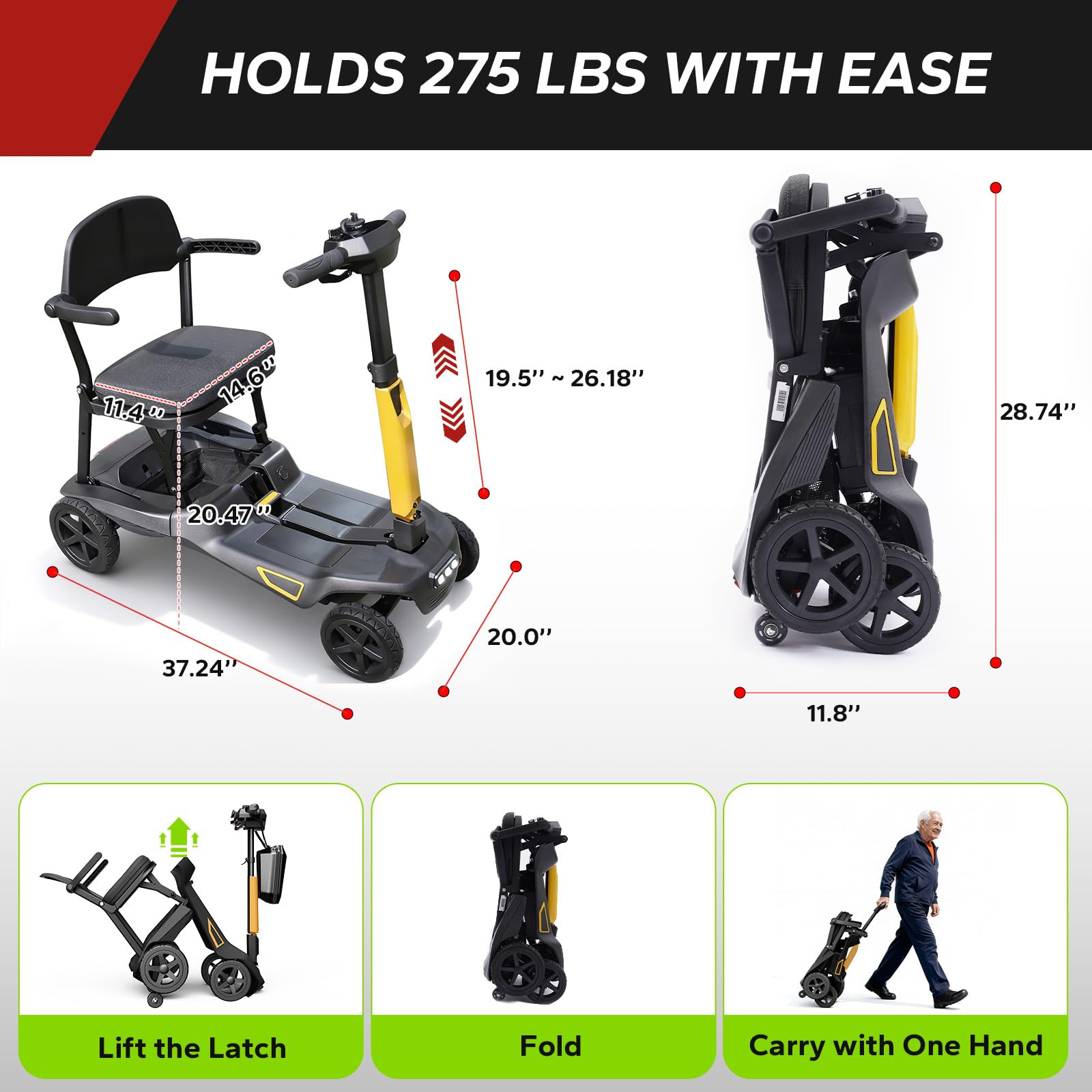 MediHoist Ultra Lightweight Foldable Electric Mobility Scooter for Adults & Seniors 24 Miles Range, 37.5 lbs Aluminum Frame, Airline Approved, Portable Scooter YL-985S