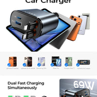 LISEN Retractable Car Charger, White Elephant Gifts for Men Women, 69W Cars Adapter USB C Fast Charger, Car Accessories for Women Men, Gifts for Dad Mom, for iPhone 17 Pro Max Air 16 15 14 13 12 Plus