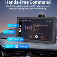 Portable Apple Carplay Screen for Car, 7" HD Car Stereo Touchscreen with Wireless CarPlay & Android Auto, Mirror Link, Bluetooth, Voice Control, Memory Card Playback, AUX - Fits All Vehicles