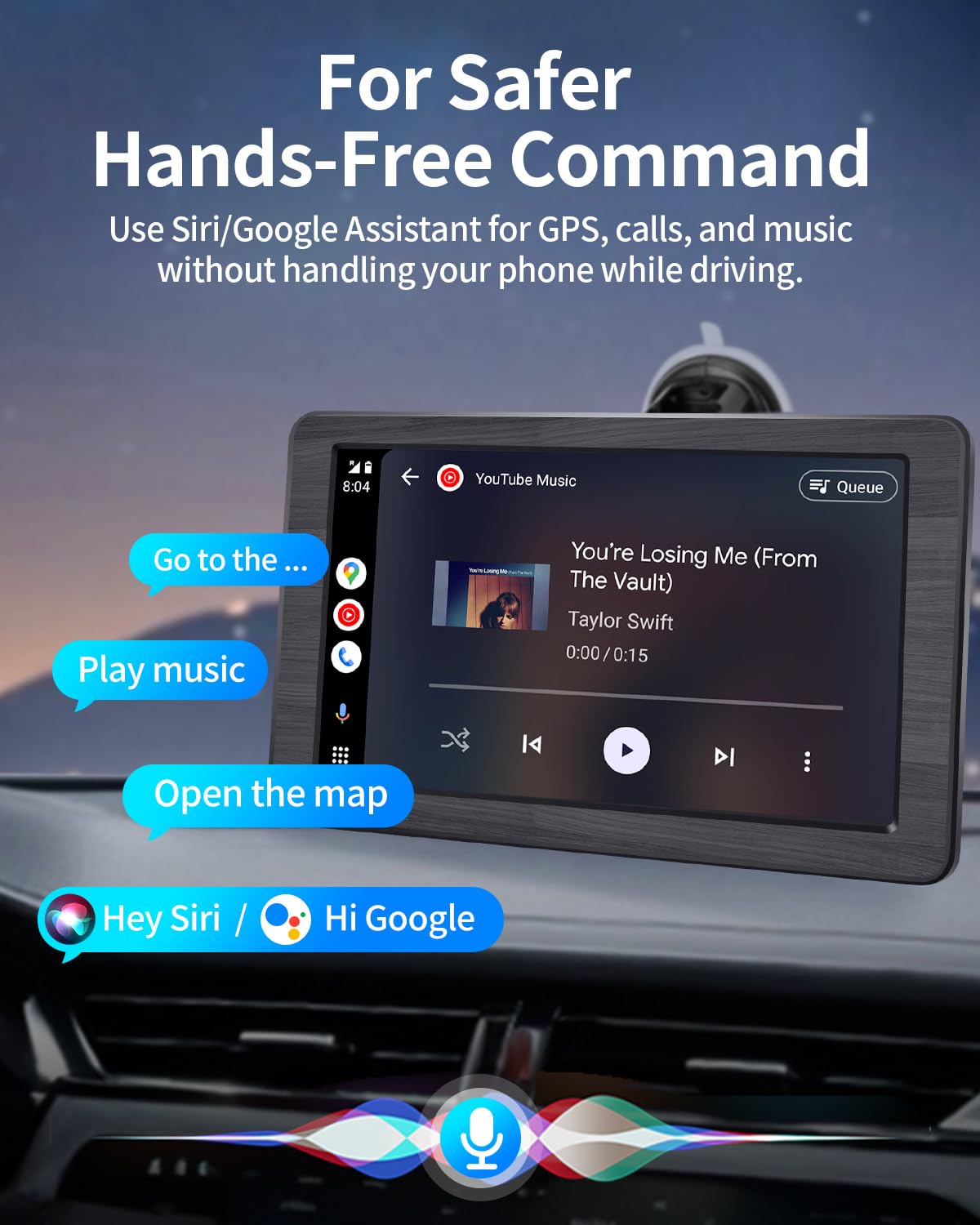 Portable Apple Carplay Screen for Car, 7" HD Car Stereo Touchscreen with Wireless CarPlay & Android Auto, Mirror Link, Bluetooth, Voice Control, Memory Card Playback, AUX - Fits All Vehicles