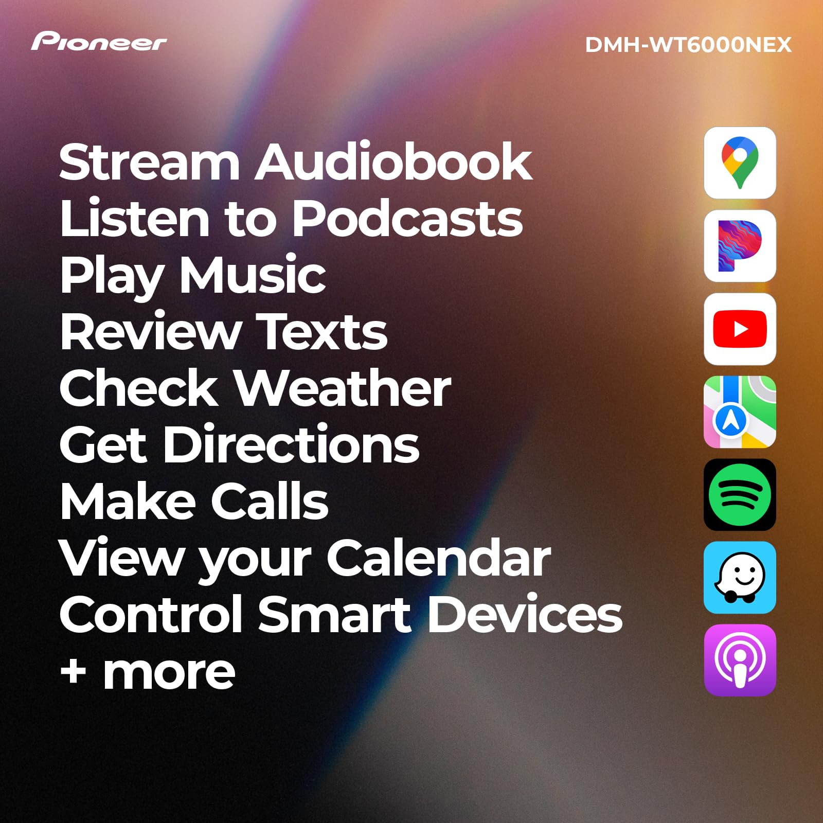 Pioneer DMH-WT6000NEX 10.1" Multimedia Digital Media Receiver Single Din - Built in WiFi, Bluetooth, Wireless Apple CarPlay, Android Auto, HD Radio, Luminous Bar, Touchscreen, Rear Camera Inputs