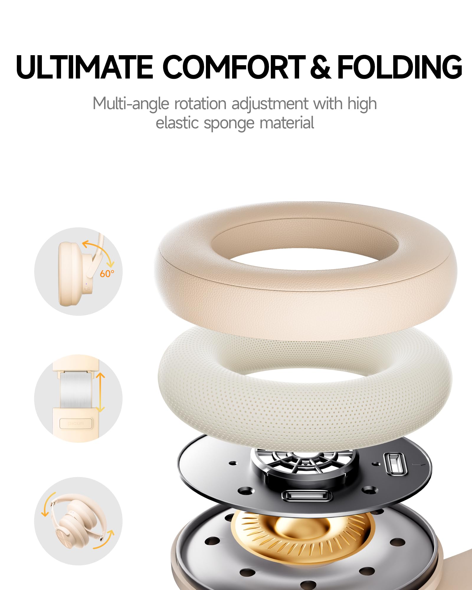 Picun B8 Bluetooth Headphones, 120H Playtime Headphone Wireless Bluetooth with 3 EQ Modes, Low Latency, Hands-Free Calls, Over Ear Headphones for Travel Home Office Cellphone PC Black - Volt-Edge Technologies®