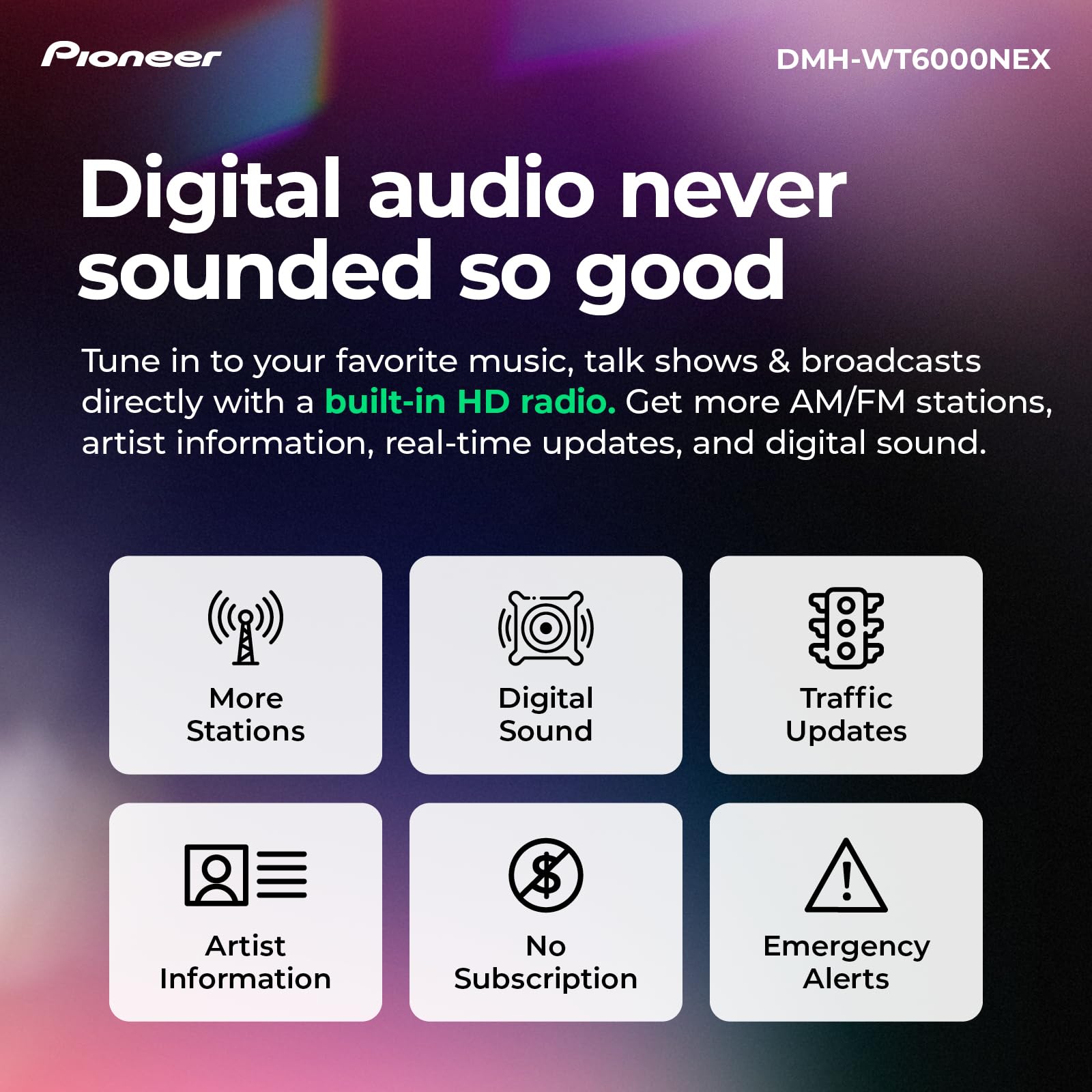 Pioneer DMH-WT6000NEX 10.1" Multimedia Digital Media Receiver Single Din - Built in WiFi, Bluetooth, Wireless Apple CarPlay, Android Auto, HD Radio, Luminous Bar, Touchscreen, Rear Camera Inputs