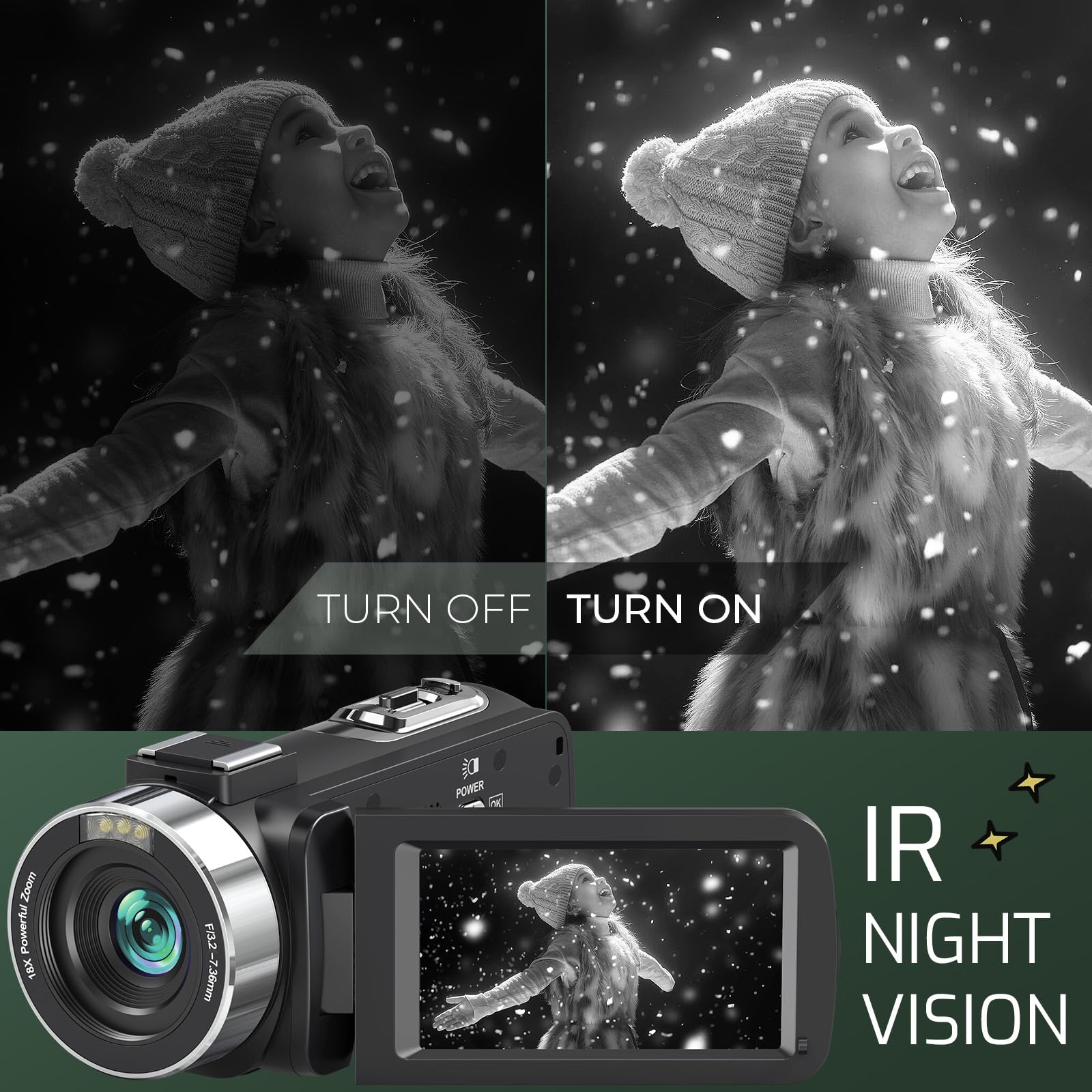 Suttie 4K Video Camera Camcorder Ultra HD 80MP Vlogging Camera for YouTube 18X Digital Zoom 3.0" IPS 270° Screen IR Night Vision Camcorder Recorder with 32GB SD Card, Lens Cap and 2 Batteries