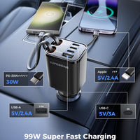 Retractable Car Charger, SUPERONE 99W Car Phone Charger with Cables Fast Charging, USB C Car Charger Adapter for iPhone 17 16 15 14 13 12, Samsung, Black