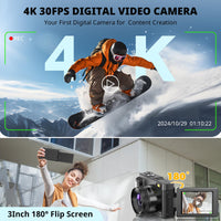 4K Digital Camera for Photography Autofocus, 2024 Latest 48MP Vlogging Camera for YouTube with SD Card, 2 Batteries, 3" 180°Flip Screen Compact Travel Camera for Teens with 16X Zoom, Anti-Shake,Black - Volt-Edge Technologies®