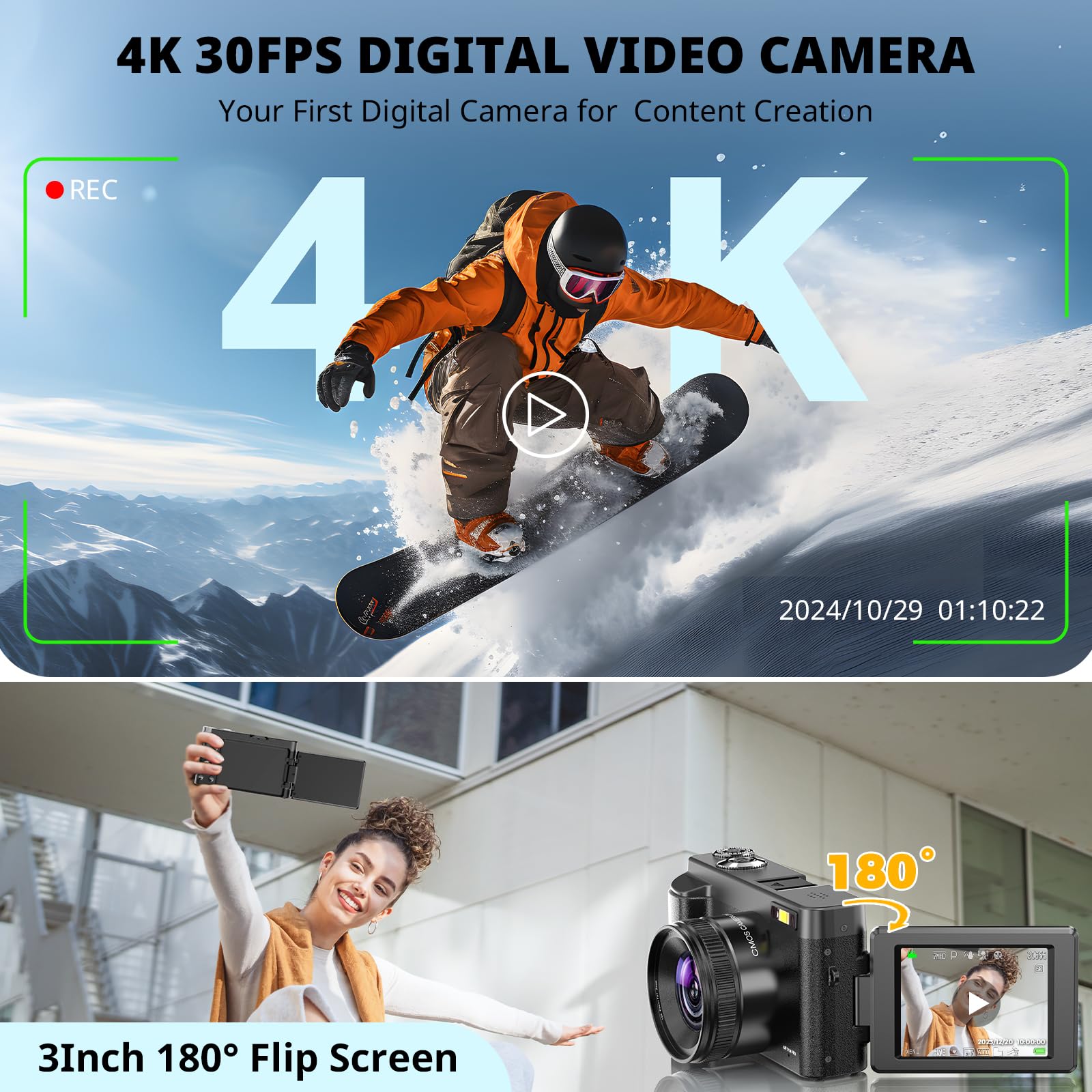 4K Digital Camera for Photography Autofocus, 2024 Latest 48MP Vlogging Camera for YouTube with SD Card, 2 Batteries, 3" 180°Flip Screen Compact Travel Camera for Teens with 16X Zoom, Anti-Shake,Black - Volt-Edge Technologies®