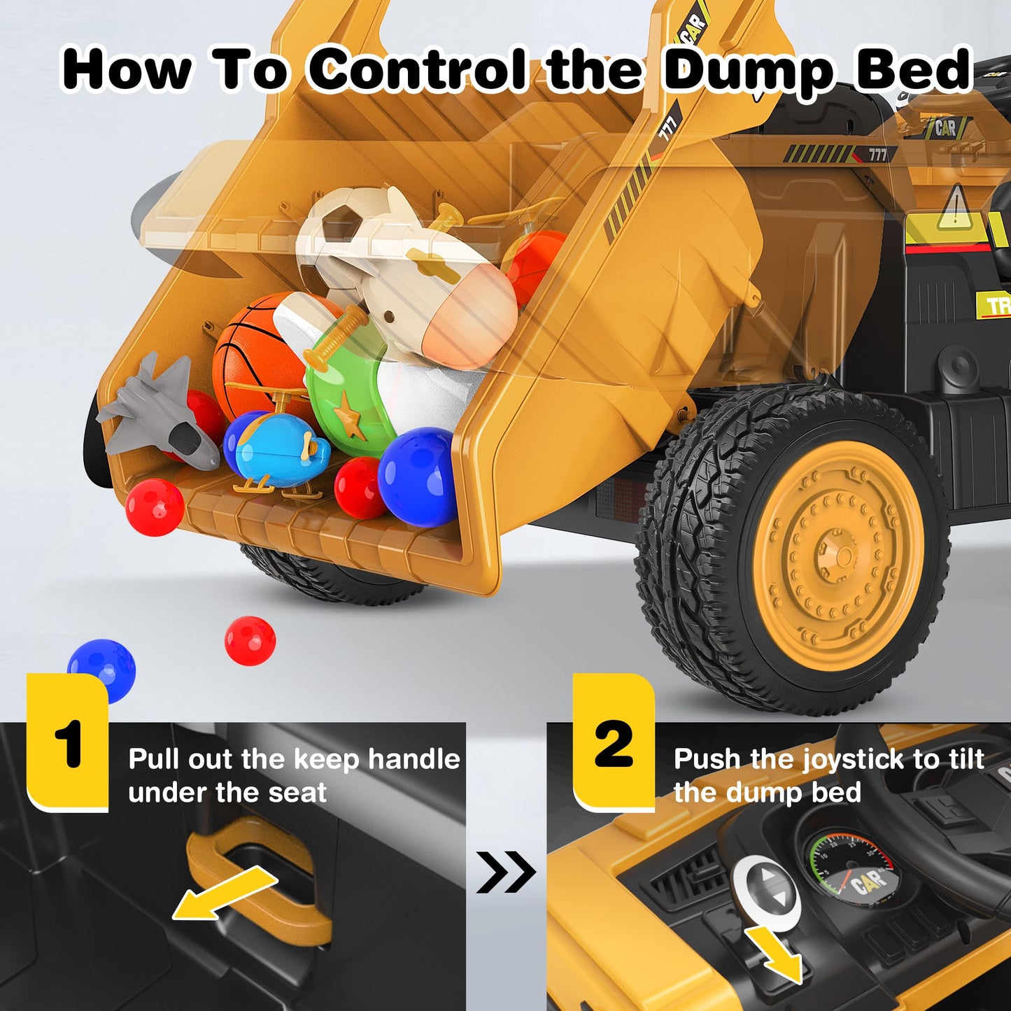 ANPABO 24V Ride On Dump Truck, 2X75W Powerful Motors, Up to 4.4Mph, EVA Tires, Construction Vehicle w/Electric Dump Bed and Extra Shovel, 19" Spacious Seat, Kids Car w/Parent Remote -Yellow