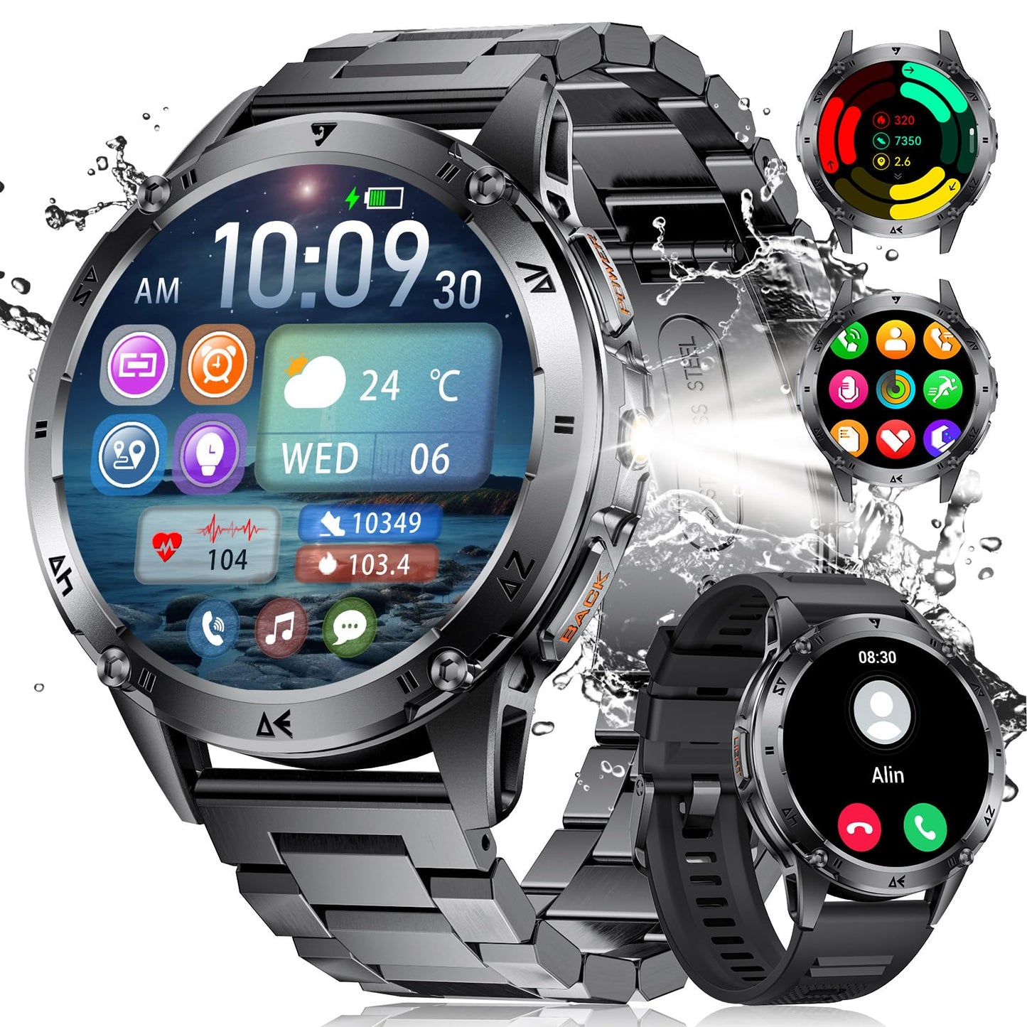 SUNKTA Military Smart Watches for Men,530mAh Large Battery,1.43" AMOLED Heart Rate/Sleep Monitor 5ATM Waterproof Smartwatch for Android iOS (Answer/Make Calls),Fitness Tracker with LED Flashlight
