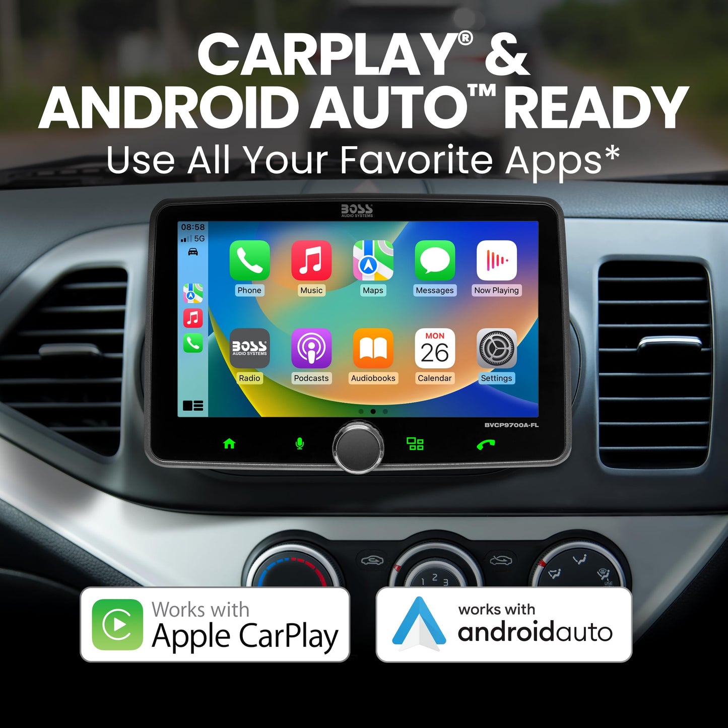 BOSS Audio Systems BVCP9700A-FL Single DIN Car Stereo Wireless Apple CarPlay, Android Auto, 7 Inch Touchscreen, Bluetooth, AM/FM Radio Receiver