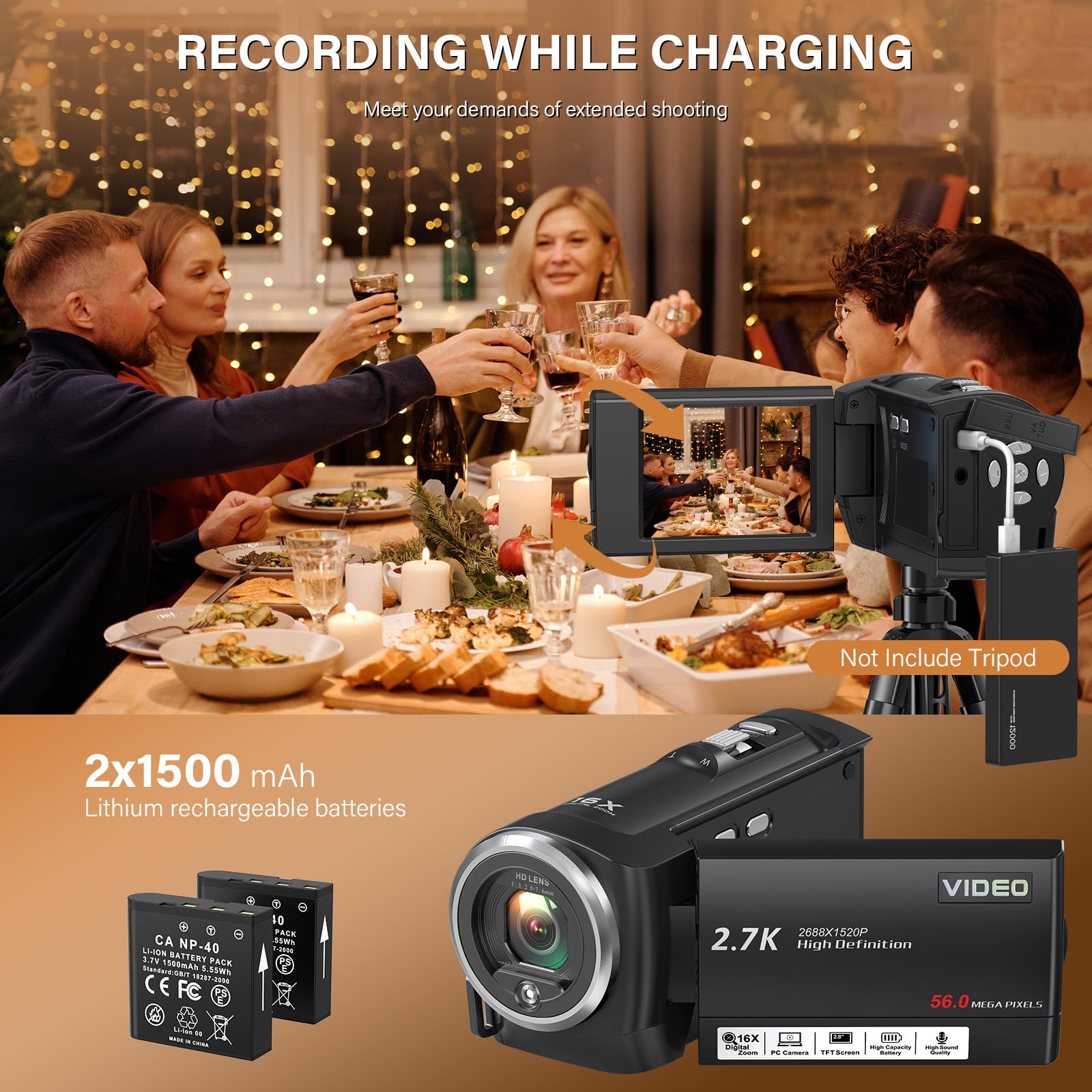 Muitune Camcorder Video Camera QHD 2.7K 56MP 16X Digital Zoom Vlogging Camera with LED Fill Light for YouTube, 2.8 Inch 270 Degree Rotation LCD Screen Camcorder with 32GB SD Card and Two Batteries
