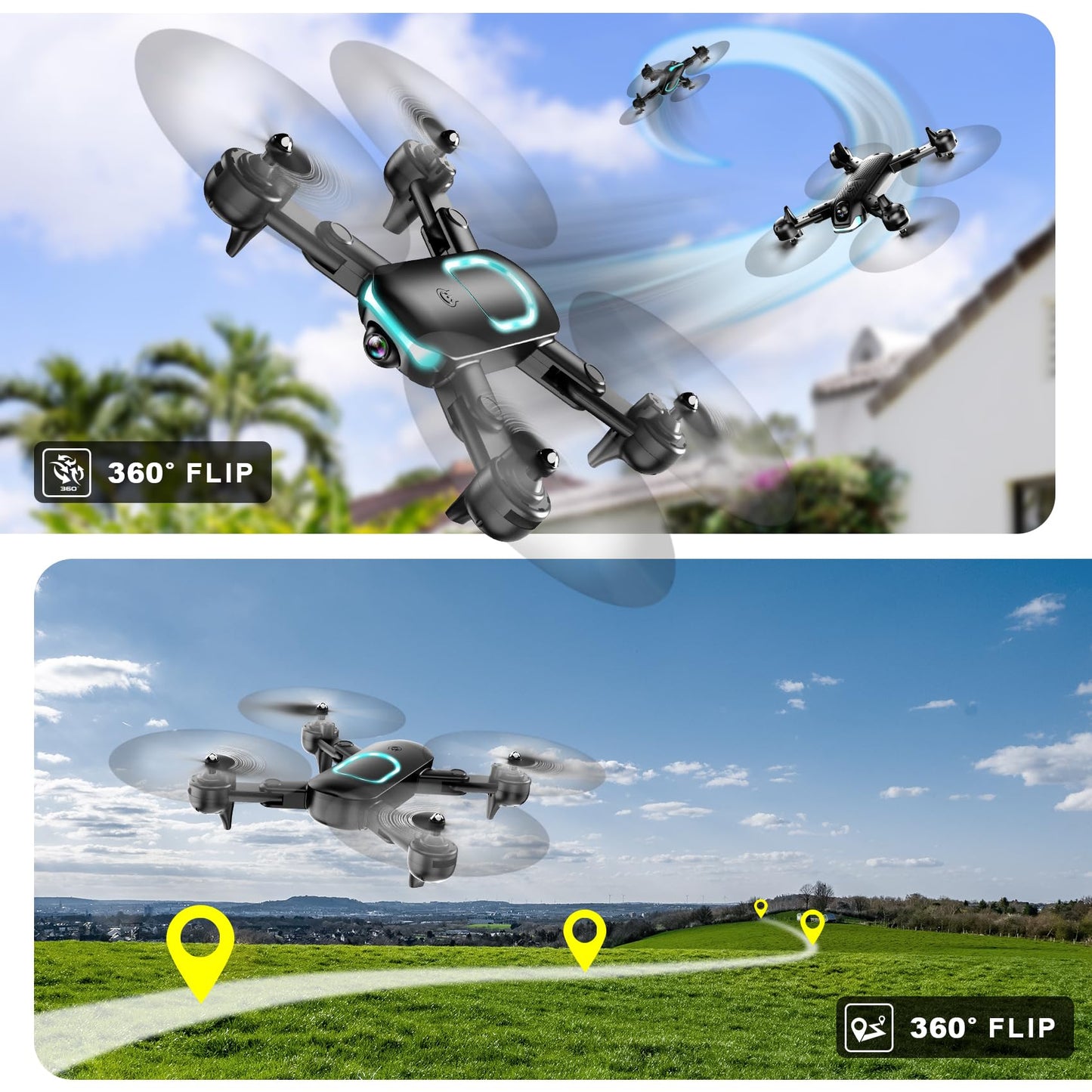 Drone with Camera, Foldable Drone for Beginners with 1080P Camera, Upgrade Altitude Hold, Circle/Rotating/Waypoint Fly, 3D Flip, One Key Start, 3 Speed Mode, 2 Batteries