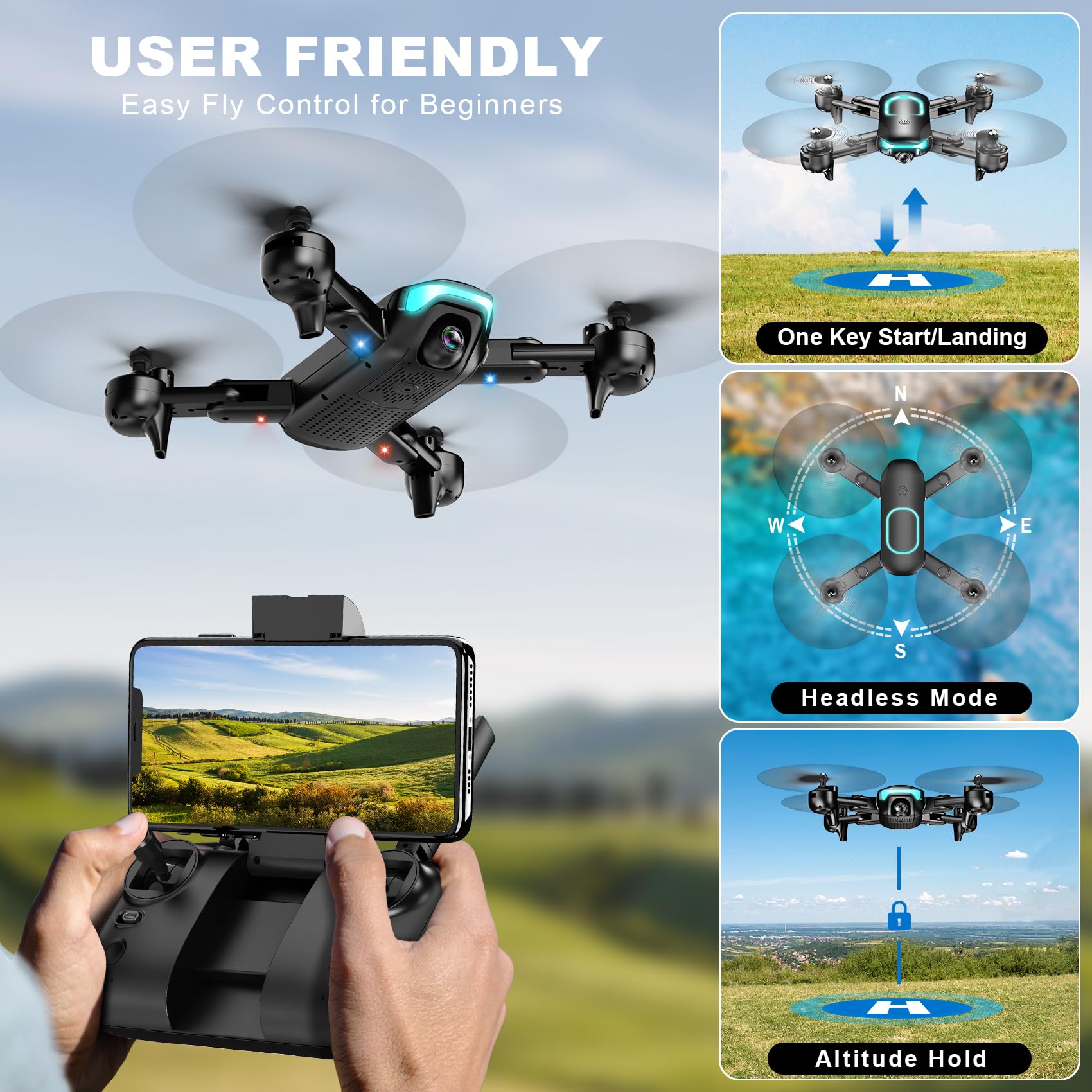 Drone with Camera, Foldable Drone for Beginners with 1080P Camera, Upgrade Altitude Hold, Circle/Rotating/Waypoint Fly, 3D Flip, One Key Start, 3 Speed Mode, 2 Batteries