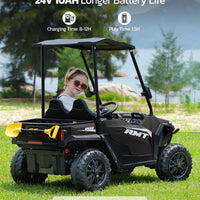 ELEMARA 24V Side by Side Electric Off-Road Truck, 4.5MPH, 2 Seater Ride on Toy for Big Kids w/Sun Shade, Electric Vehicles for Kids, 2 Shock Absorbers, 3 Speeds, LED Lights,Bluetooth Music, Black