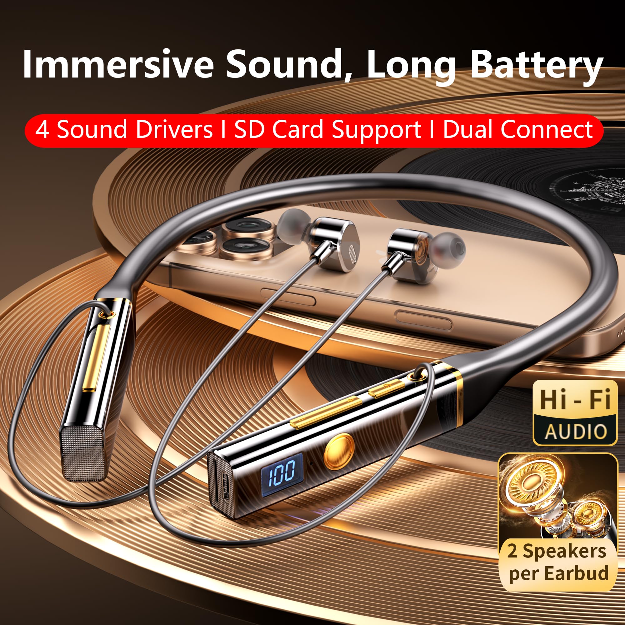 Kshttky Neckband Wireless Earbuds Around The Neck,Bluetooth V5.4 Headphones, 4-Driver Stereo Sound, 100 Hours Playtime, in-Ear with Mic for Sports, Fitness, Outdoor & Work (Black)