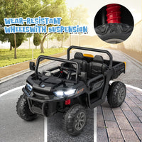 OLAKIDS 2 Seater Ride On Car, 12V Off-Road UTV Electric Vehicle with Remote Control, Dump Bed, Extra Shovel, Music, USB, AUX, Rocking Function, Kids Toddlers Battery Powered Truck (Dark Black)