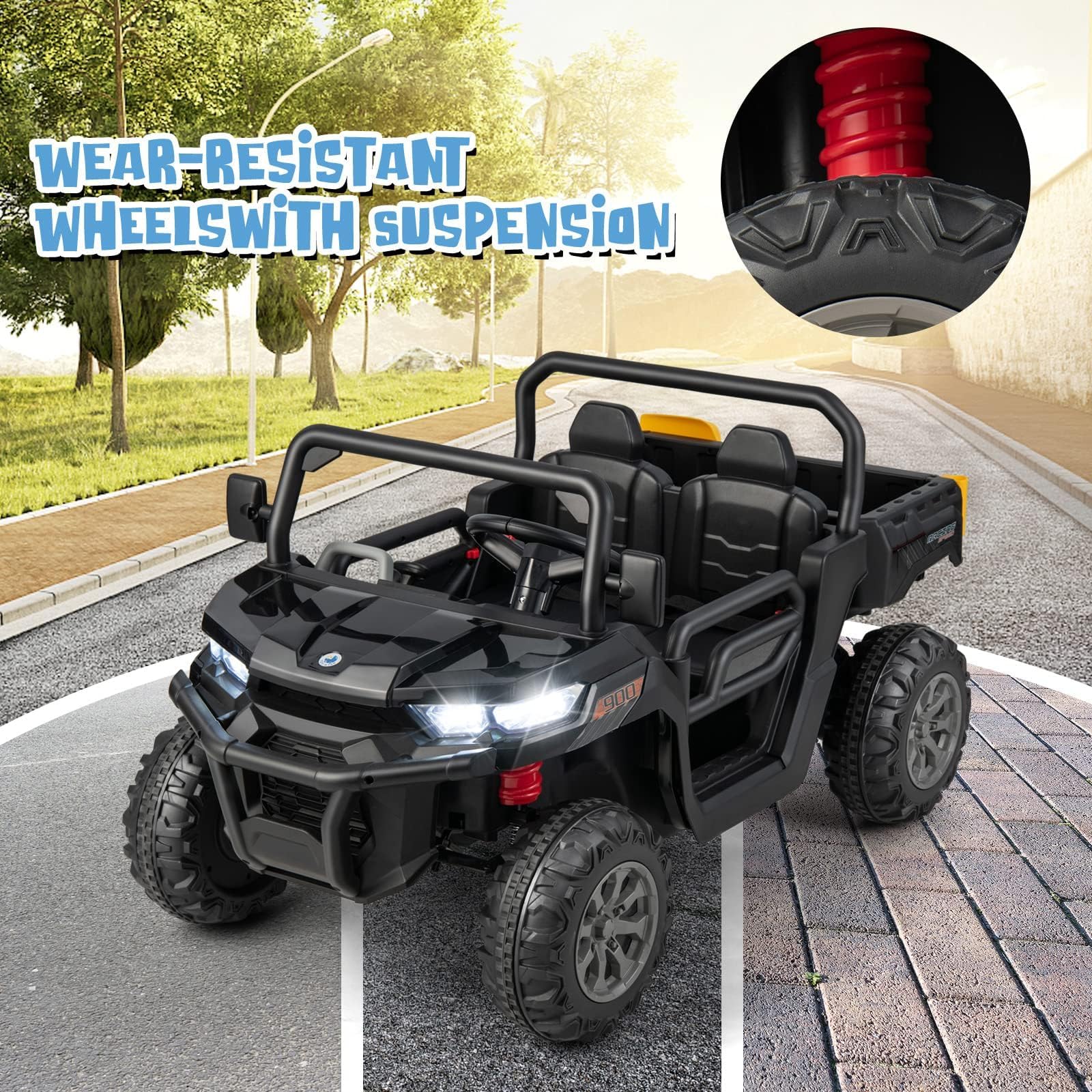 OLAKIDS 2 Seater Ride On Car, 12V Off-Road UTV Electric Vehicle with Remote Control, Dump Bed, Extra Shovel, Music, USB, AUX, Rocking Function, Kids Toddlers Battery Powered Truck (Dark Black)