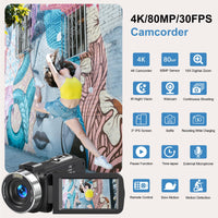 4K Camcorder Video Camera Ultra HD 80MP Vlogging Camera for YouTube IR Night Vision Camera 18X Digital Zoom 3.0 IPS Screen Video Recorder with 32GB SD Card, 2 Batteries, Remote Control, and Stabilizer