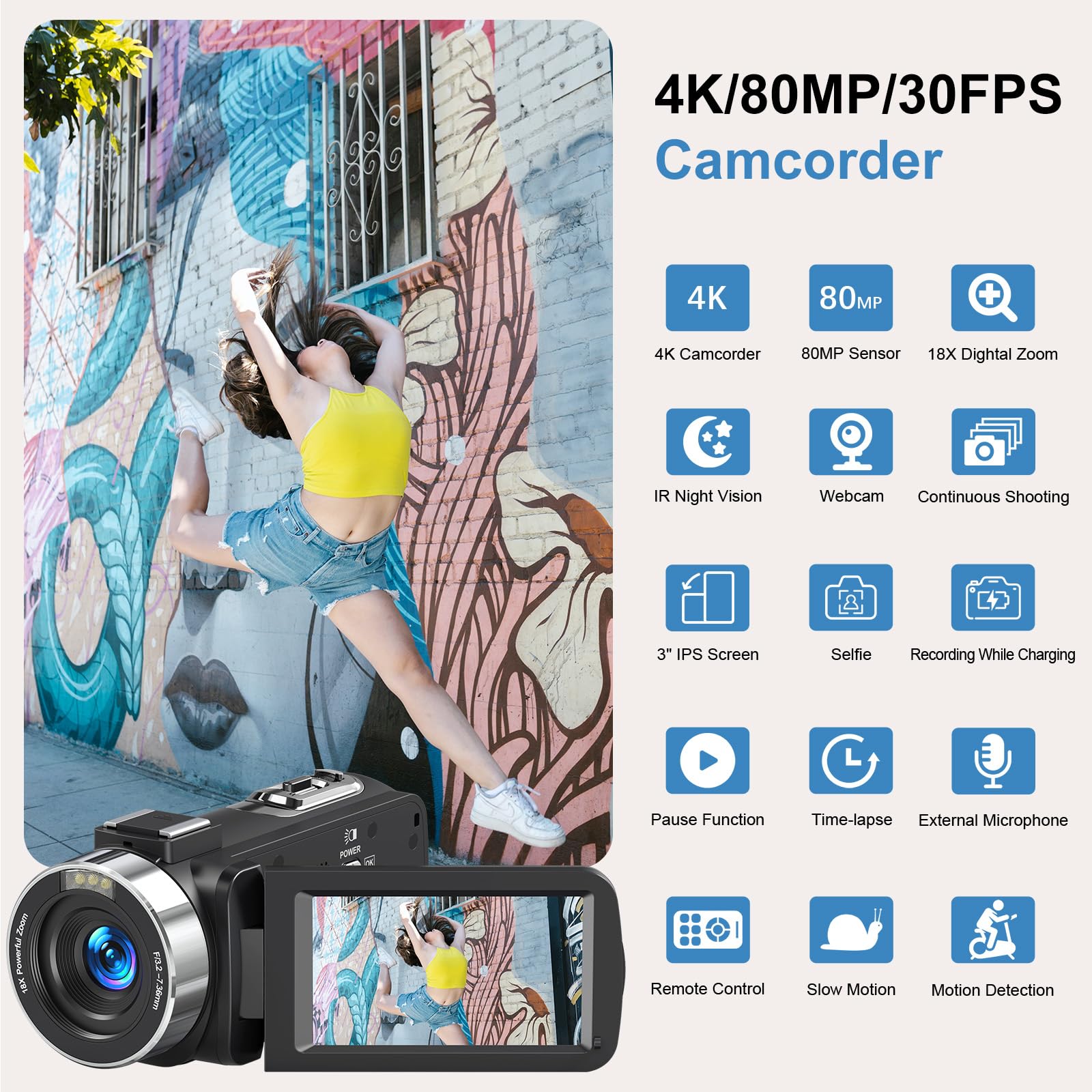 4K Camcorder Video Camera Ultra HD 80MP Vlogging Camera for YouTube IR Night Vision Camera 18X Digital Zoom 3.0 IPS Screen Video Recorder with 32GB SD Card, 2 Batteries, Remote Control, and Stabilizer