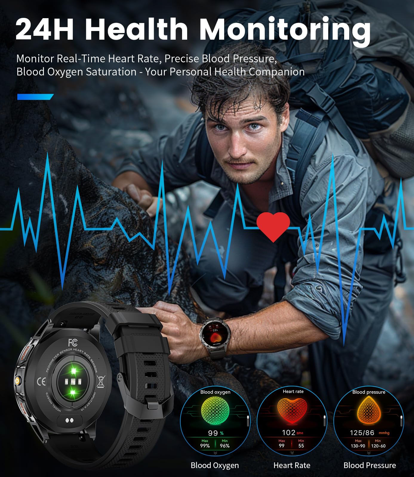 SUNKTA Military Smart Watches for Men,530mAh Large Battery,1.43" AMOLED Heart Rate/Sleep Monitor 5ATM Waterproof Smartwatch for Android iOS (Answer/Make Calls),Fitness Tracker with LED Flashlight