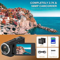 Muitune Camcorder Video Camera QHD 2.7K 56MP 16X Digital Zoom Vlogging Camera with LED Fill Light for YouTube, 2.8 Inch 270 Degree Rotation LCD Screen Camcorder with 32GB SD Card and Two Batteries