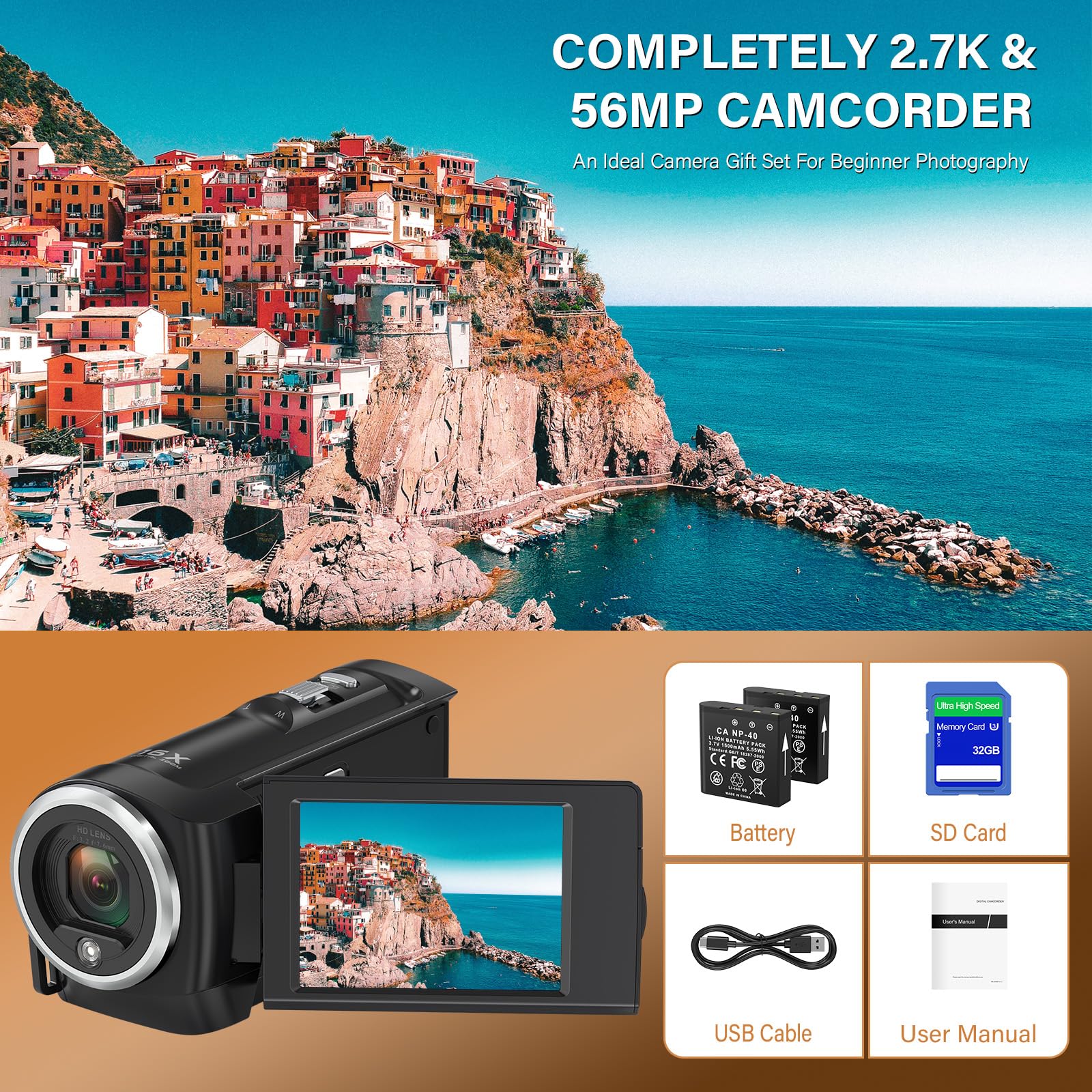 Muitune Camcorder Video Camera QHD 2.7K 56MP 16X Digital Zoom Vlogging Camera with LED Fill Light for YouTube, 2.8 Inch 270 Degree Rotation LCD Screen Camcorder with 32GB SD Card and Two Batteries
