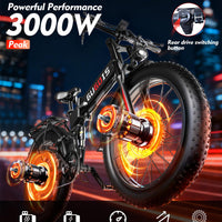 Folding Electric Bike for Adults, 3000W Peak Ebike, 48V 23Ah Removable Battery, Dual Motor 26" Fat Tire E-Bike, Up to 35MPH & 60 Miles Range, All-Terrain Electric Dirt Bike for Mountain & City Ride