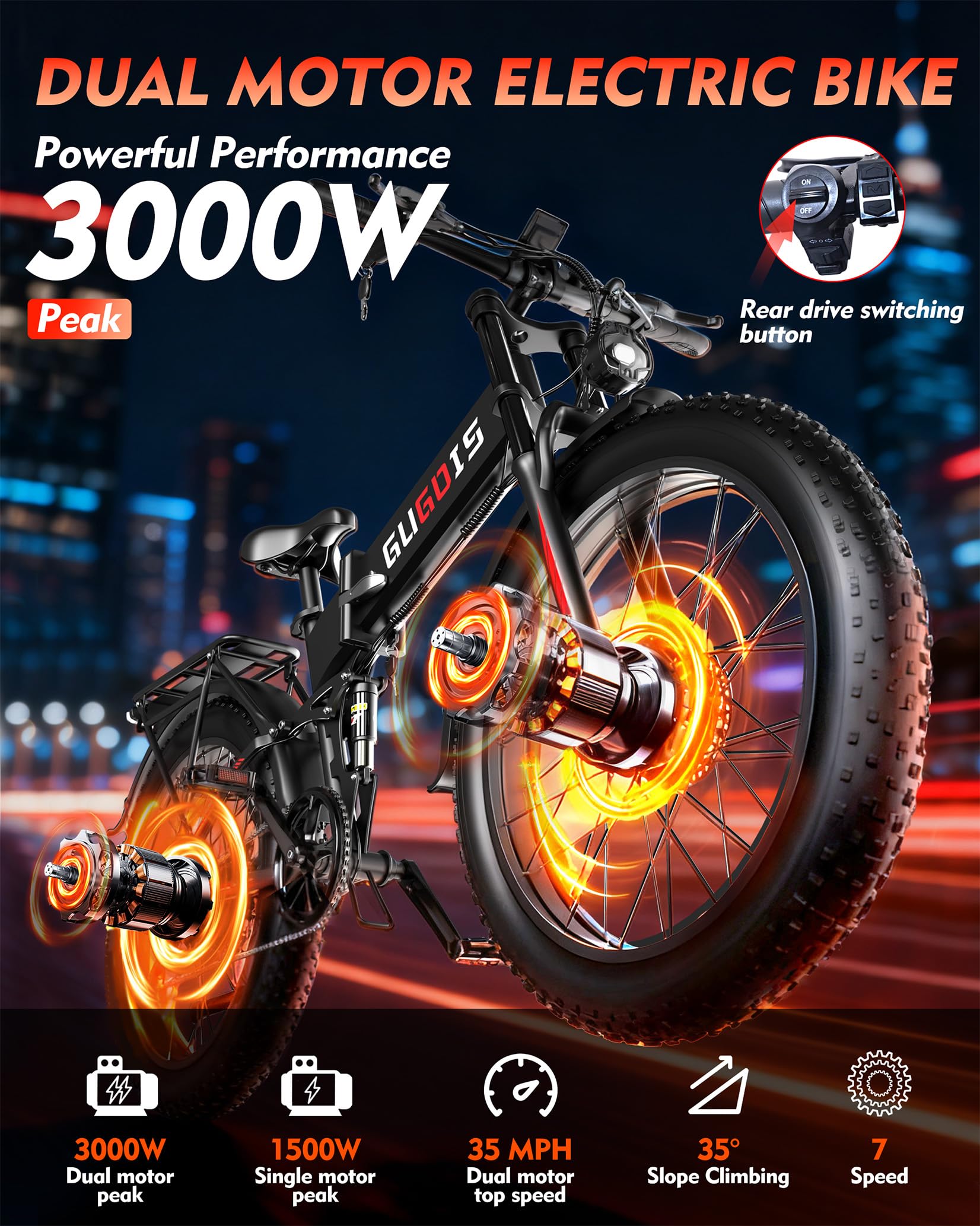 Folding Electric Bike for Adults, 3000W Peak Ebike, 48V 23Ah Removable Battery, Dual Motor 26" Fat Tire E-Bike, Up to 35MPH & 60 Miles Range, All-Terrain Electric Dirt Bike for Mountain & City Ride