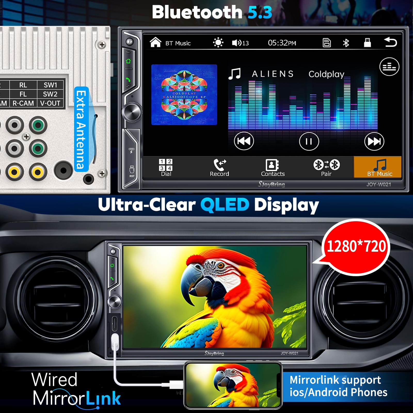 [QLED Screen Upgrade] 7" Double Din Car Stereo with Wireless Apple CarPlay and Android Auto, 240W Powerful Sound, 4.2-Channel Audio Output, Bluetooth, MirrorLink, Backup Camera, AM/FM Car Radio